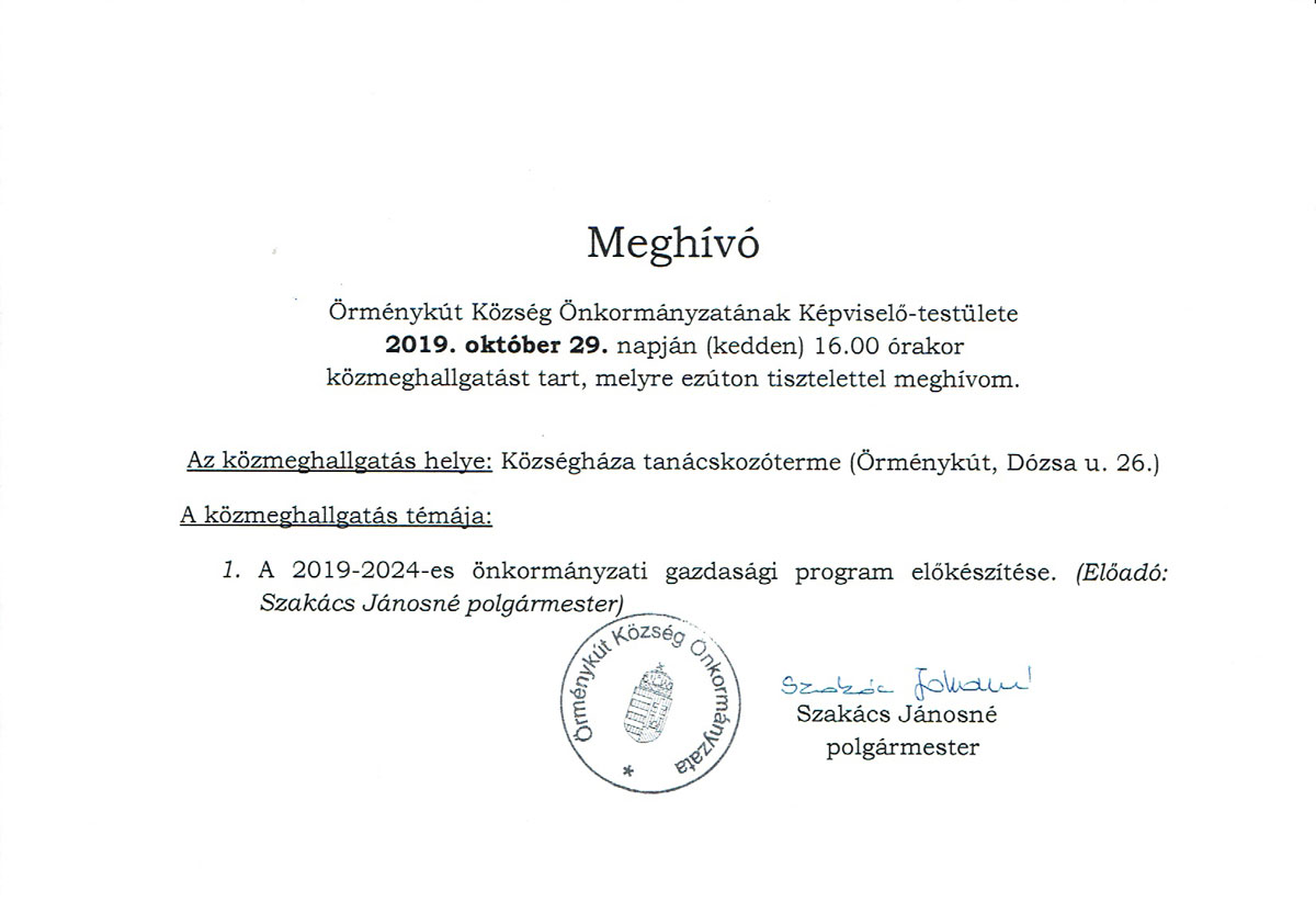 Meghívó Örménykút Község Önkormányzatának 2019. október 29. napi közmeghallgatására